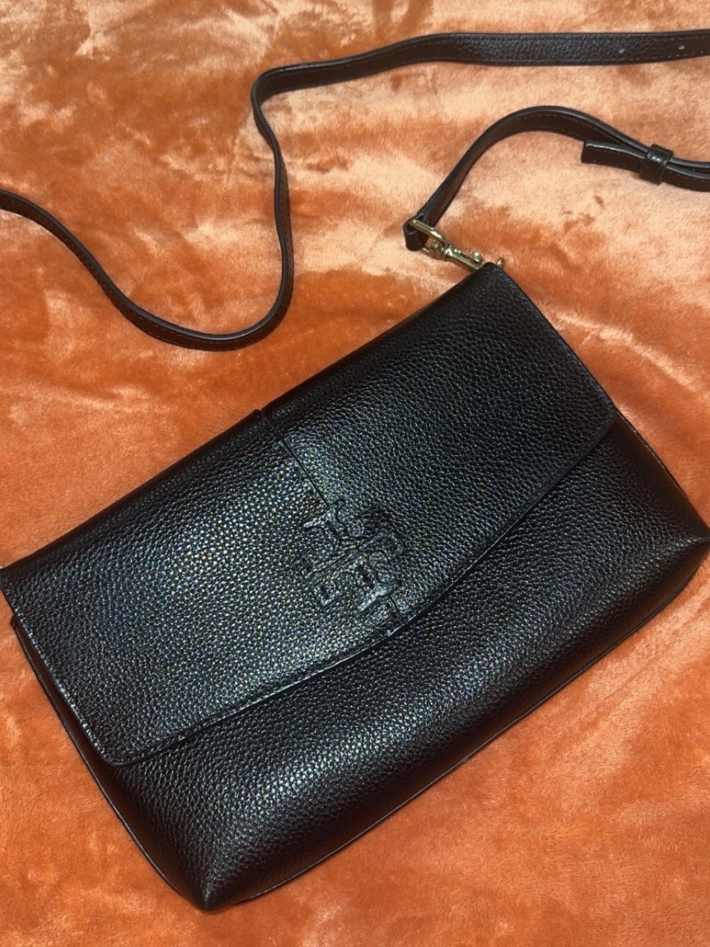 Tory Burch Black Pebbled Leather Logo Flap Crossbody